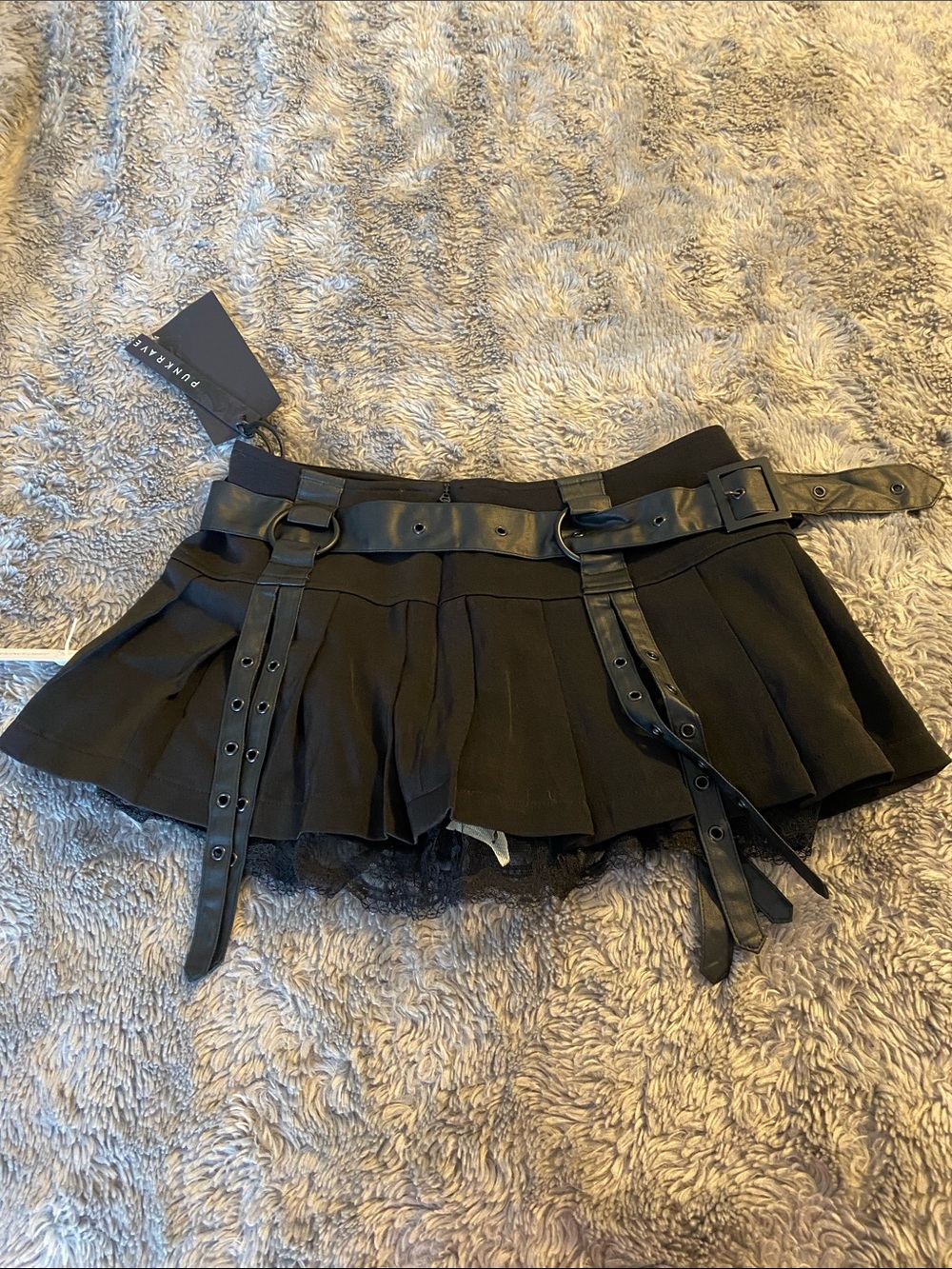 NWT PUNK RAVE Black Pleated Mini Skirt with Buckled Strap Details XS